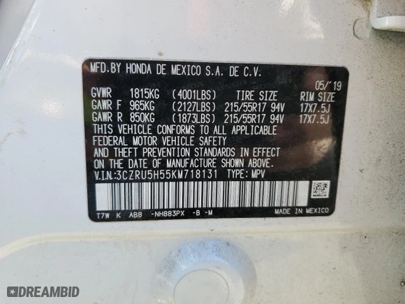 2019 Honda HR-V EX with VIN 3CZRU5H55KM718131, listed as a Copart auction lot 89153545 with 53,706 mi miles and Salvage Title. Bid and sale history available at carsss.com. Image 13.