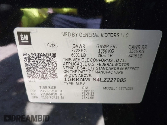 2020 GMC Acadia SLT with VIN 1GKKNMLS4LZ227985, listed as a IAAI auction lot 41864090 with 39,295 mi miles and . Bid and sale history available at DreamBid. Image 9.