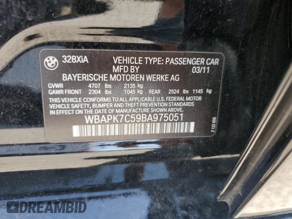 2011 BMW 3 Series 328i xDrive with VIN WBAPK7C59BA975051, listed as a Copart auction lot 53133695 with 111,711 mi miles and Salvage title. Bid and sale history available at DreamBid. Image 12.