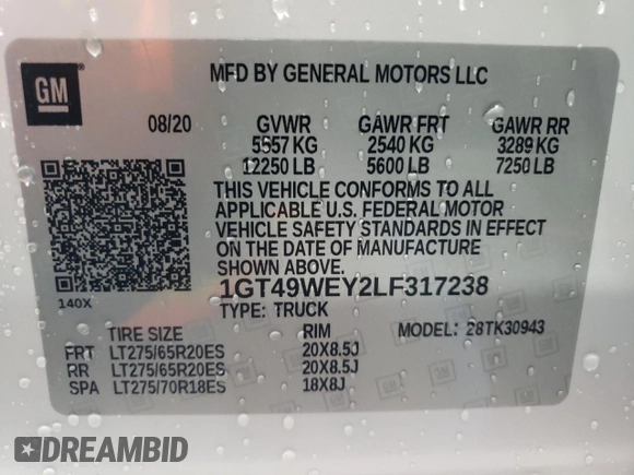 2020 GMC Sierra 3500HD Denali z VIN 1GT49WEY2LF317238, wystawiony jako Copart lot #51967295 z przebiegiem 125 681 mil mil oraz Szkody całkowita. Historia ofert i sprzedaży dostępna na DreamBid. Obrazek 12.