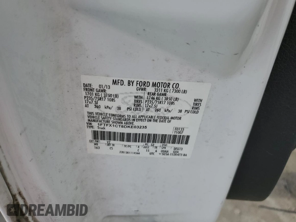 2013 Ford F-150 XL with VIN 1FTFX1CT8DKE03235, listed as a Copart auction lot 53090495 with Not provided miles and Salvage title. Bid and sale history available at DreamBid. Image 14.