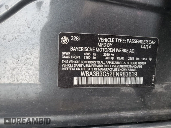 2014 BMW 3 Series 328i xDrive with VIN WBA3B3G52ENR83619, listed as a Copart auction lot 66231105 with 72,409 mi miles and Salvage title. Bid and sale history available at DreamBid. Image 13.