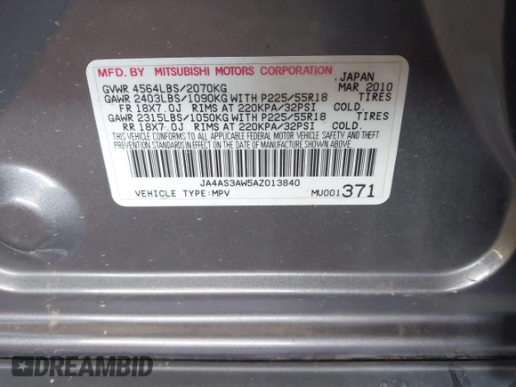 2010 Mitsubishi Outlander SE с VIN JA4AS3AW5AZ013840, выставлен на аукционе IAAI как лот 42180704 с пробегом 148 821 миль миль и . История ставок и продаж доступна на DreamBid. Изображение 9.