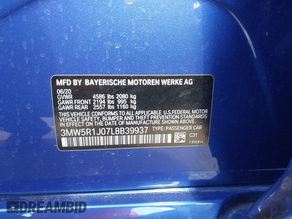 2020 BMW 3 Series 330i с VIN 3MW5R1J07L8B39937, выставлен на аукционе IAAI как лот 42407215 с пробегом 54 611 миль миль и . История ставок и продаж доступна на DreamBid. Изображение 9.