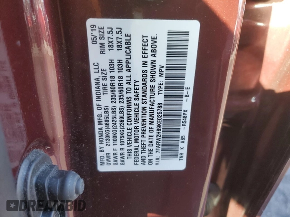 2019 Honda CR-V EX-L with VIN 7FARW2H89KE025788, listed as a Copart auction lot 46283485 with 49,012 mi miles and Salvage Title. Bid and sale history available at carsss.com. Image 13.