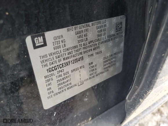 2015 Chevrolet Colorado 4WD Z71 with VIN 1GCGTCE3XF1205418, listed as a Copart auction lot 41439955 with 166,035 mi miles and Salvage Title. Bid and sale history available at carsss.com. Image 12.
