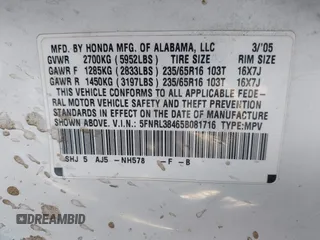 2005 Honda Odyssey EX with VIN 5FNRL38465B081716, listed as a IAAI auction lot 41998956 with 173,182 mi miles and . Bid and sale history available at carsss.com. Image 9.