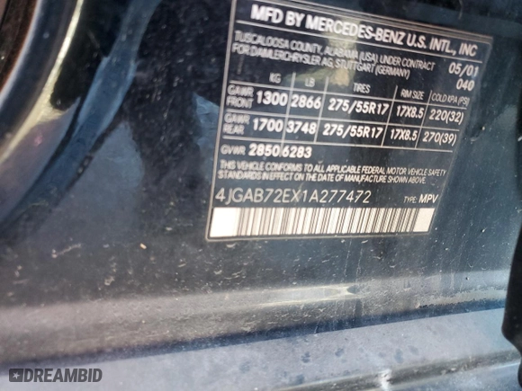 2001 Mercedes-Benz M-Class with VIN 4JGAB72EX1A277472, listed as a Copart auction lot 86857214 with 0 mi miles and Salvage Title. Bid and sale history available at carsss.com. Image 13.
