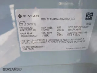 2022 Rivian R1T Adventure Package with VIN 7FCTGAAA2NN006053, listed as a IAAI auction lot 41974199 with 286 mi miles. Bid and sale history available at carsss.com. Image 9.