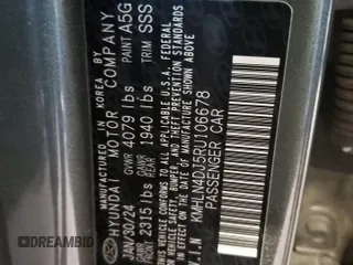 2024 Hyundai Elantra Limited с VIN KMHLN4DJ5RU106678, выставлен на аукционе Copart как лот 53912955 с пробегом 13 453 миль миль и Списание • Salvage title. История ставок и продаж доступна на DreamBid. Изображение 12.