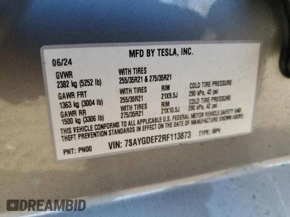 2024 Tesla Model Y Performance with VIN 7SAYGDEF2RF113873, listed as a Copart auction lot 46181915 with 19,625 mi miles and Salvage Title. Bid and sale history available at DreamBid. Image 15.