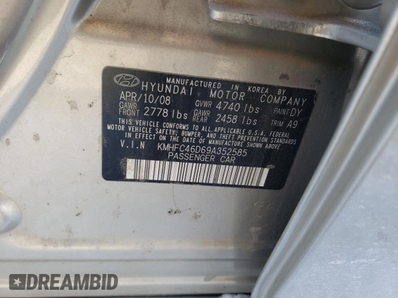 2009 Hyundai Azera GLS with VIN KMHFC46D69A352585, listed as a Copart auction lot 41374665 with 107,264 mi miles and Salvage title. Bid and sale history available at DreamBid. Image 12.