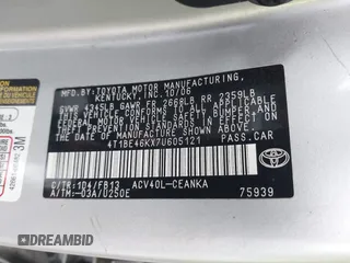 2007 Toyota Camry CE with VIN 4T1BE46KX7U605121, listed as a IAAI auction lot 42237951 with 168,259 mi miles and . Bid and sale history available at DreamBid. Image 9.