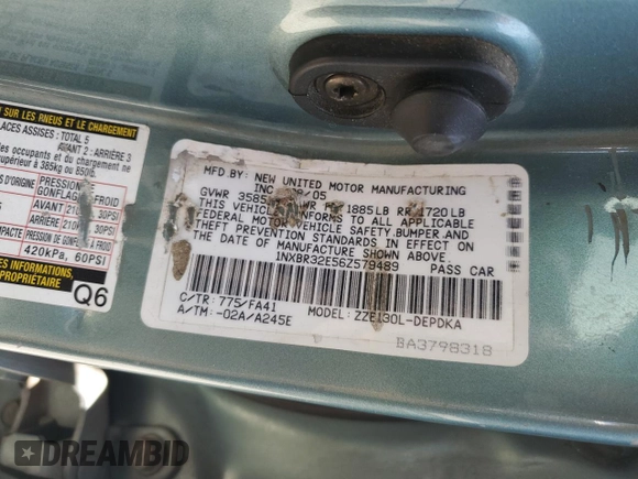 2006 Toyota Corolla CE with VIN 1NXBR32E56Z579489, listed as a Copart auction lot 62107695 with 198,269 mi miles and Salvage title. Bid and sale history available at DreamBid. Image 12.