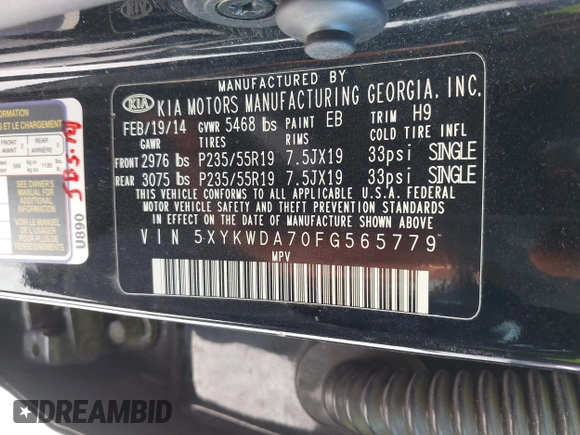 2015 Kia Sorento SX with VIN 5XYKWDA70FG565779, listed as a IAAI auction lot 41675010 with 134,060 mi miles. Bid and sale history available at carsss.com. Image 9.
