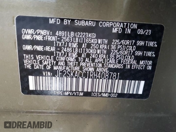 2024 Subaru Forester Premium with VIN JF2SKACC1RH408781, listed as a Copart auction lot 57173055 with 29,947 mi miles and Salvage title. Bid and sale history available at DreamBid. Image 13.