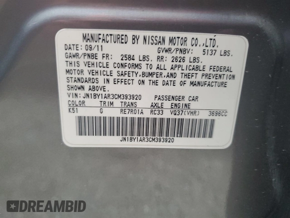 2012 Infiniti M37 with VIN JN1BY1AR3CM393920, listed as a Copart auction lot 77834604 with 133,730 mi miles and Non Repairable. Bid and sale history available at carsss.com. Image 12.
