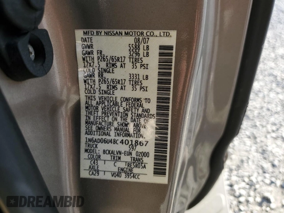2008 Nissan Frontier SE with VIN 1N6AD06U48C401867, listed as a Copart auction lot 43952335 with 131,811 mi miles and Salvage title. Bid and sale history available at DreamBid. Image 14.