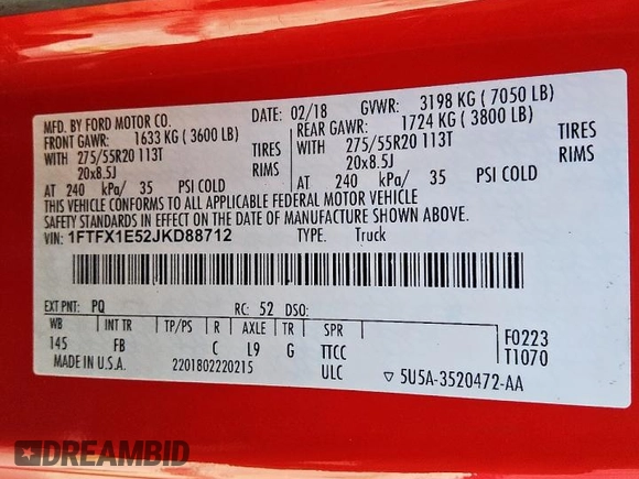 2018 Ford F-150 XL с VIN 1FTFX1E52JKD88712, выставлен на аукционе Copart как лот 62669805 с пробегом 100 434 миль миль и Чистый • Clean title. История ставок и продаж доступна на DreamBid. Изображение 12.