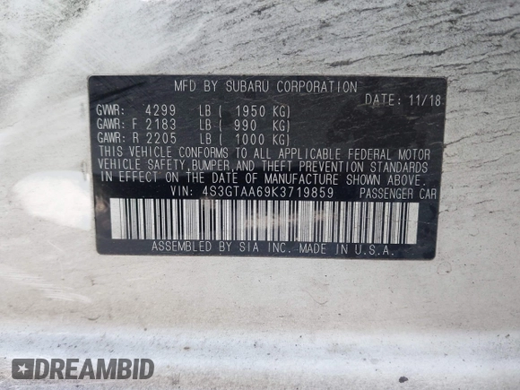 2019 Subaru Impreza z VIN 4S3GTAA69K3719859, wystawiony jako IAAI lot #42250493 z przebiegiem 121 201 mil mil oraz . Historia ofert i sprzedaży dostępna na DreamBid. Obrazek 9.