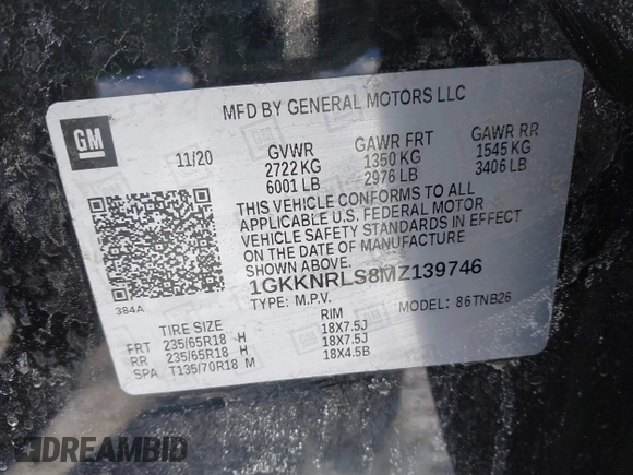 2021 GMC Acadia SLE with VIN 1GKKNRLS8MZ139746, listed as a IAAI auction lot 41623191 with 76,659 mi miles. Bid and sale history available at carsss.com. Image 9.