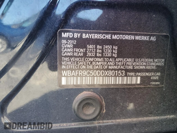 2013 BMW 5 Series 550i with VIN WBAFR9C50DDX80153, listed as a Copart auction lot 43180625 with 128,521 mi miles and Salvage Title. Bid and sale history available at carsss.com. Image 13.