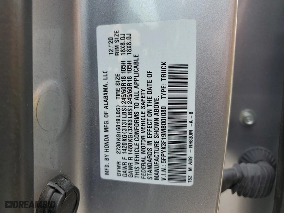 2021 Honda Ridgeline Sport with VIN 5FPYK3F19MB001080, listed as a Copart auction lot 49120615 with 33,098 mi miles and Salvage Title. Bid and sale history available at carsss.com. Image 14.