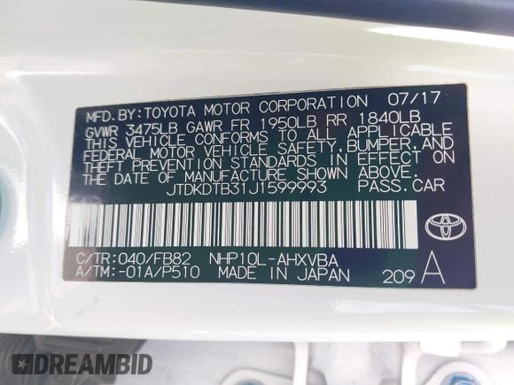 2018 Toyota Prius One with VIN JTDKDTB31J1599993, listed as a IAAI auction lot 42054102 with 107,472 mi miles and . Bid and sale history available at DreamBid. Image 9.