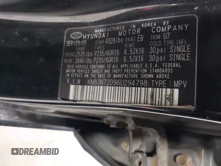 2006 Hyundai Tucson GLS with VIN KM8JN72D96U294798, listed as a IAAI auction lot 41853560 with 113,277 mi miles and . Bid and sale history available at DreamBid. Image 9.