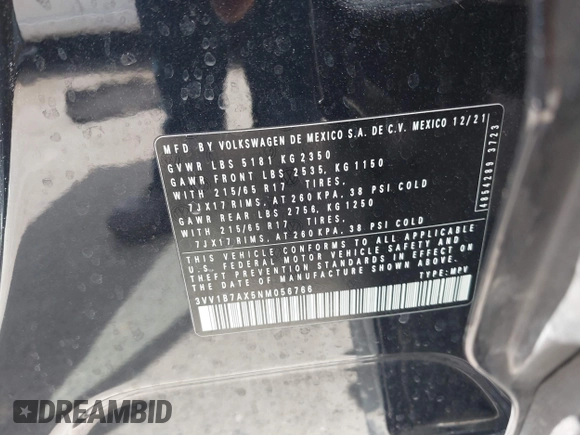 2022 Volkswagen Tiguan S z VIN 3VV1B7AX5NM056766, wystawiony jako IAAI lot #42024519 z przebiegiem 97 548 mil mil oraz . Historia ofert i sprzedaży dostępna na DreamBid. Obrazek 9.