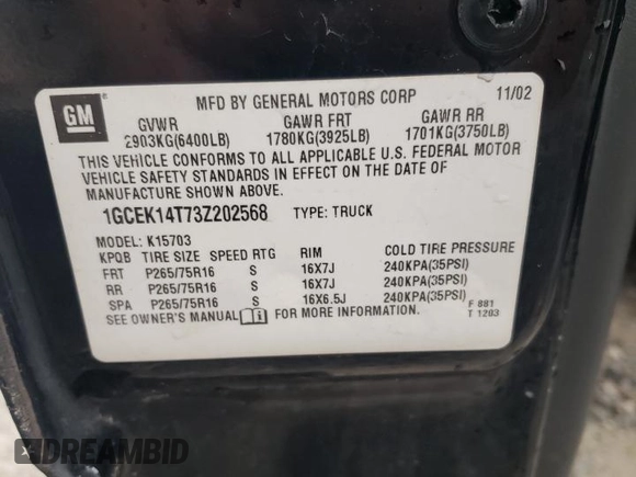 2003 Chevrolet Silverado 1500 LS with VIN 1GCEK14T73Z202568, listed as a Copart auction lot 84091234 with Not Provided miles and Salvage Title. Bid and sale history available at DreamBid. Image 13.