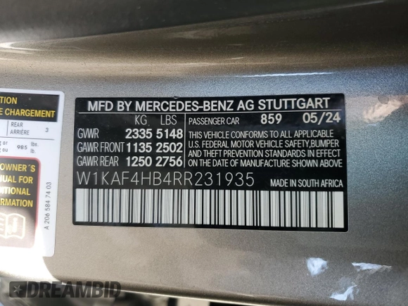 2024 Mercedes-Benz C 300 z VIN W1KAF4HB4RR231935, wystawiony jako Copart lot #53385545 z przebiegiem 11 077 mil mil oraz Szkoda całkowita • Salvage title. Historia ofert i sprzedaży dostępna na DreamBid. Obrazek 12.