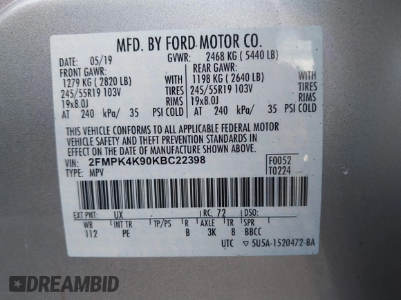 2019 Ford Edge Titanium with VIN 2FMPK4K90KBC22398, listed as a IAAI auction lot 41622564 with 109,538 mi miles. Bid and sale history available at carsss.com. Image 9.