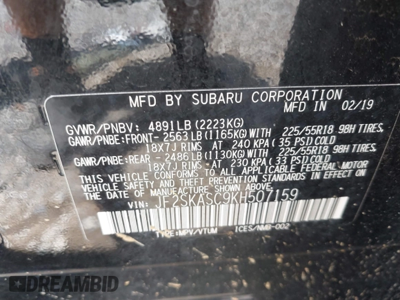 2019 Subaru Forester Limited with VIN JF2SKASC9KH507159, listed as a IAAI auction lot 39870434 with 78,290 mi miles. Bid and sale history available at carsss.com. Image 9.