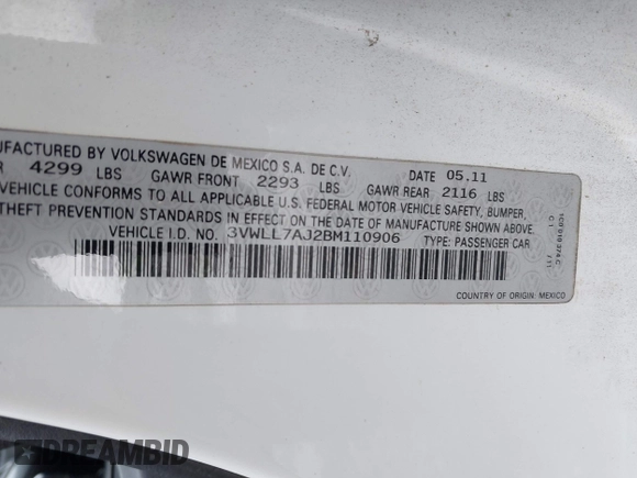 2011 Volkswagen Jetta TDI with VIN 3VWLL7AJ2BM110906, listed as a IAAI auction lot 42361314 with 152,715 mi miles and . Bid and sale history available at DreamBid. Image 9.