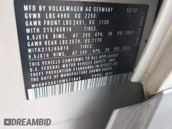 2013 Volkswagen Tiguan SEL with VIN WVGBV3AX1DW571843, listed as a IAAI auction lot 42540191 with 140,639 mi miles and . Bid and sale history available at DreamBid. Image 9.