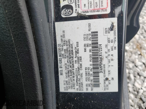 2012 Ford Fusion SE with VIN 3FAHP0HA6CR172314, listed as a Copart auction lot 60324145 with 196,044 mi miles and Salvage title. Bid and sale history available at DreamBid. Image 12.