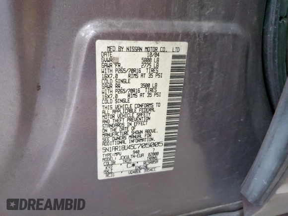 2005 Nissan Pathfinder LE with VIN 5N1AR18U45C705005, listed as a Copart auction lot 61138245 with 156,966 mi miles and Salvage title. Bid and sale history available at DreamBid. Image 14.