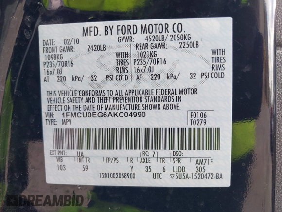 2010 Ford Escape Limited z VIN 1FMCU0EG6AKC04990, wystawiony jako IAAI lot #42206601 z przebiegiem 139 400 mil mil oraz . Historia ofert i sprzedaży dostępna na DreamBid. Obrazek 9.