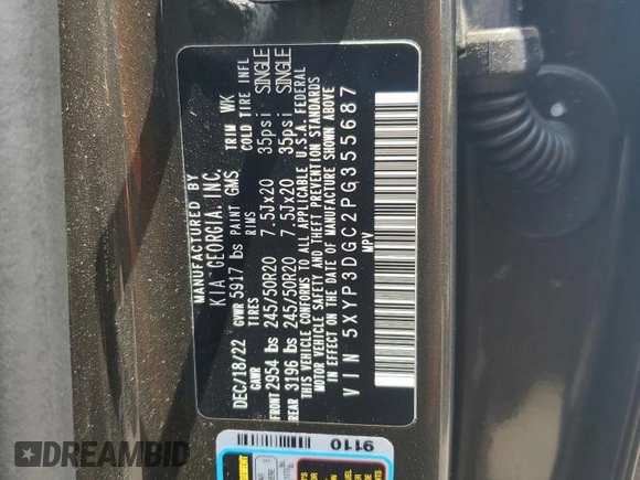 2023 Kia Telluride EX X-Line with VIN 5XYP3DGC2PG355687, listed as a Copart auction lot 64475405 with 37,565 mi miles and Salvage title. Bid and sale history available at DreamBid. Image 14.