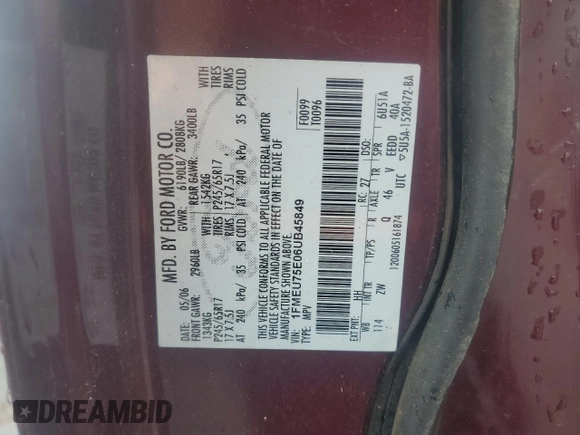 2006 Ford Explorer Limited z VIN 1FMEU75E06UB45849, wystawiony jako Copart lot #58576235 z przebiegiem 134 492 mil mil oraz Szkoda całkowita • Salvage title. Historia ofert i sprzedaży dostępna na DreamBid. Obrazek 13.