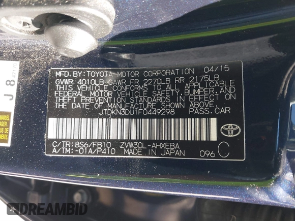 2015 Toyota Prius Four with VIN JTDKN3DU1F0449298, listed as a IAAI auction lot 41675916 with 92,310 mi miles. Bid and sale history available at carsss.com. Image 9.