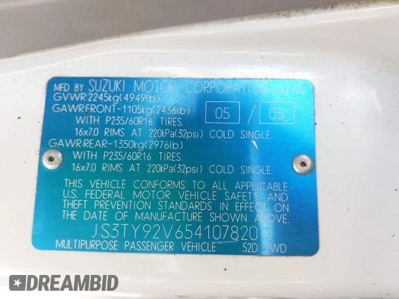 2005 Suzuki XL7 LX с VIN JS3TY92V654107820, выставлен на аукционе IAAI как лот 41437897 с пробегом 152 773 миль миль и . История ставок и продаж доступна на DreamBid. Изображение 9.