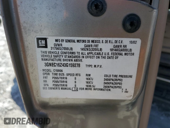 2003 Chevrolet Suburban LS with VIN 3GNEC16Z43G159278, listed as a Copart auction lot 49679695 with 328,330 mi miles and Salvage Title. Bid and sale history available at carsss.com. Image 15.