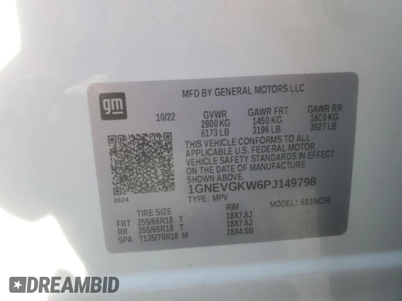 2023 Chevrolet Traverse LT Cloth with VIN 1GNEVGKW6PJ149798, listed as a Copart auction lot 63928305 with 93,962 mi miles and Clean title. Bid and sale history available at DreamBid. Image 12.