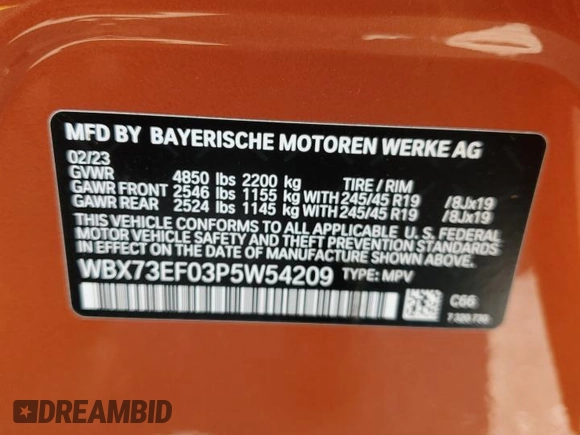 2023 BMW X1 xDrive28i with VIN WBX73EF03P5W54209, listed as a Copart auction lot 64796365 with 19,591 mi miles and Salvage title. Bid and sale history available at DreamBid. Image 13.