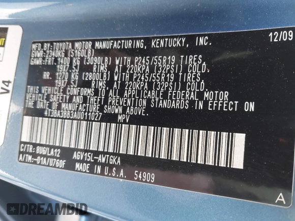 2010 Toyota Venza with VIN 4T3BA3BB3AU011027, listed as a IAAI auction lot 41790395 with 186,153 mi miles and . Bid and sale history available at DreamBid. Image 9.