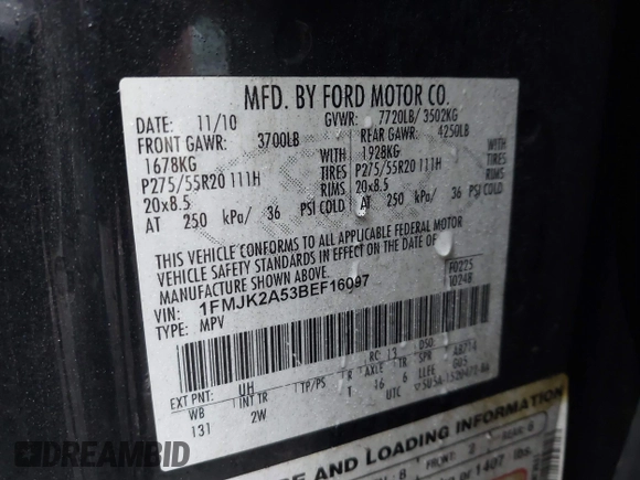 2011 Ford Expedition Max Limited with VIN 1FMJK2A53BEF16097, listed as a IAAI auction lot 41462670 with Not provided miles and . Bid and sale history available at DreamBid. Image 9.