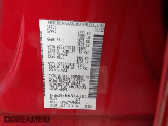 2012 Nissan Titan SV with VIN 1N6BA0EK3CN314391, listed as a IAAI auction lot 42240405 with 189,260 mi miles and . Bid and sale history available at DreamBid. Image 9.