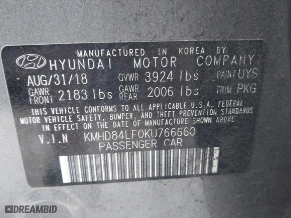 2019 Hyundai Elantra SEL with VIN KMHD84LF0KU766660, listed as a IAAI auction lot 41516050 with 75,288 mi miles. Bid and sale history available at carsss.com. Image 9.